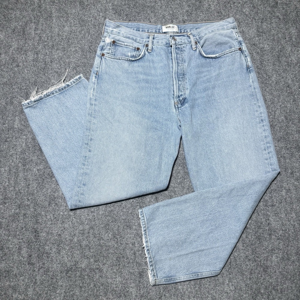 AGOLDE 90s Crop Jeans Women W34 Relaxed Straight Light Wash Button Fly Raw Hem